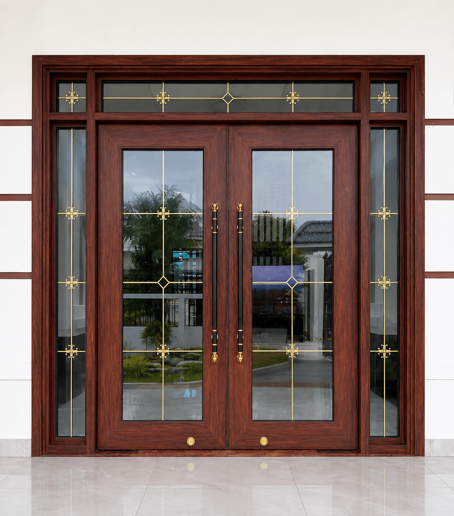 Mẫu cửa nhôm thủy lực giả vân gỗ đẹp
